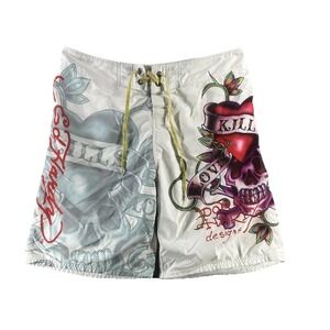 Ed Hardy Board Shorts Mens 36 White Love Kills Skull Tattoo Swim Surf Graphic